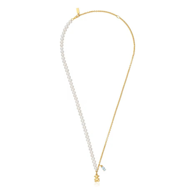 Krótki pozłacany srebrny naszyjnik TOUS Bold Bear z motywem misia, z perłami hodowlanymi i topazem