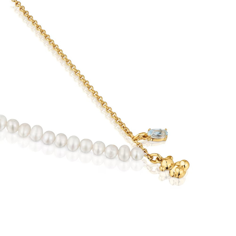 Krótki pozłacany srebrny naszyjnik TOUS Bold Bear z motywem misia, z perłami hodowlanymi i topazem