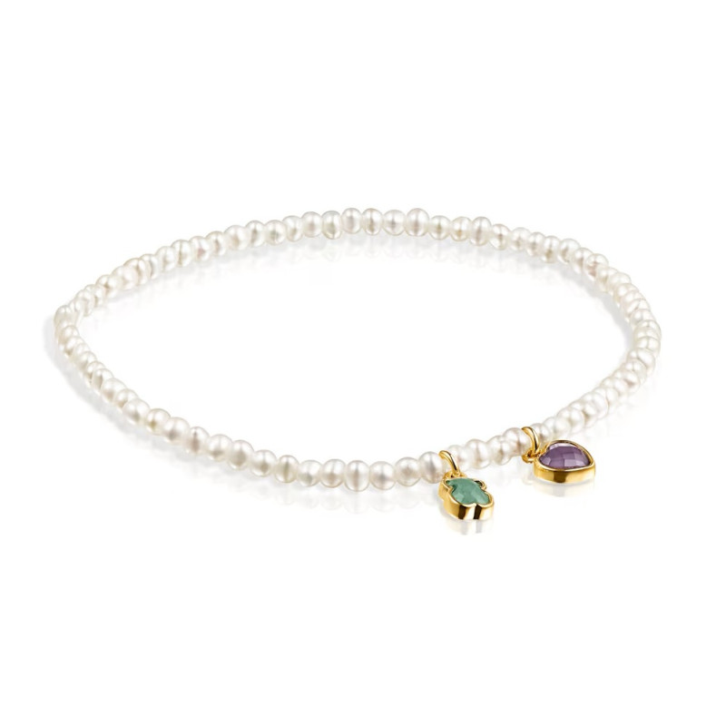 Tous Glory - Bransoletka z żółtego srebra Vermeil z perłami, amazonitem i ametystem