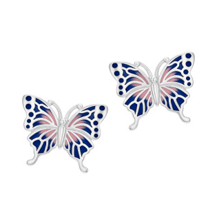 Kolczyki srebrne w kształcie motyla z fioletowo-różową emalią na sztyft próba 925