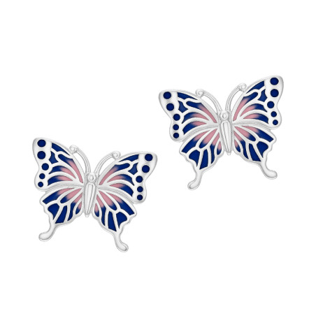 Kolczyki srebrne w kształcie motyla z fioletowo-różową emalią na sztyft próba 925