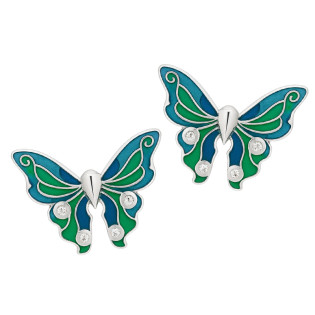 Kolczyki srebrne w kształcie motyla z zielono-niebieską emalią na sztyft próba 925