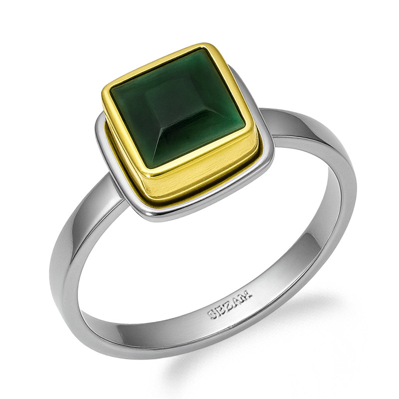 Pierścionek metaloplastyka z brassem i naturalnym malachitem