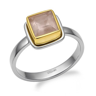 Pierścionek metaloplastyka z brassem i naturalnym kwarcem różowym