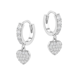 Kolczyki srebrne kółka z cyrkoniami i wiszącym sercem wysadzanym cyrkoniami próba 925