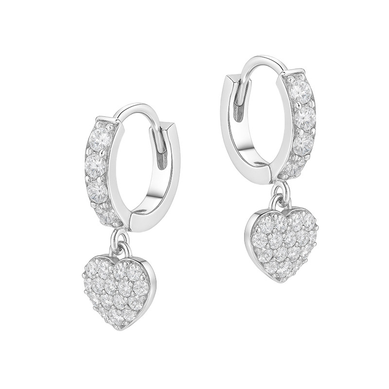 Kolczyki srebrne kółka z cyrkoniami i wiszącym sercem wysadzanym cyrkoniami próba 925