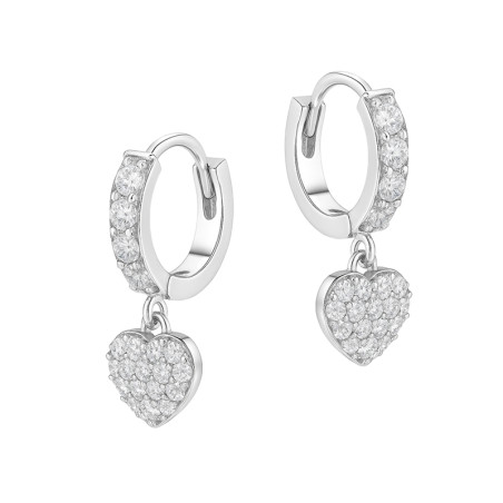 Kolczyki srebrne kółka z cyrkoniami i wiszącym sercem wysadzanym cyrkoniami próba 925