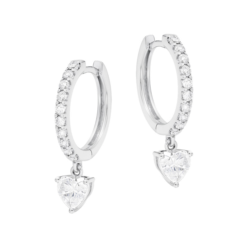 Kolczyki srebrne kółka z cyrkoniami i wiszącą cyrkonią w kształcie serca próba 925