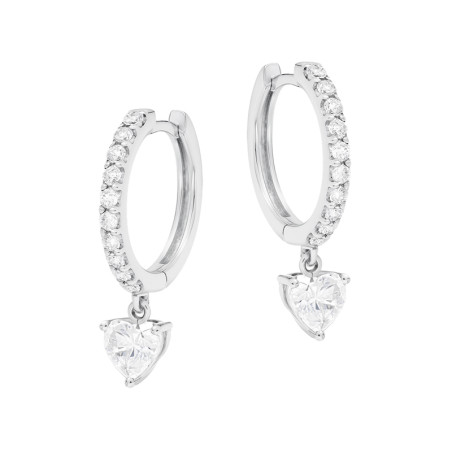 Kolczyki srebrne kółka z cyrkoniami i wiszącą cyrkonią w kształcie serca próba 925