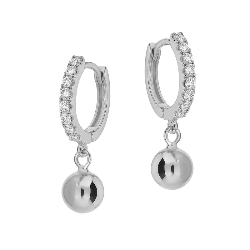 Kolczyki srebrne kółka z cyrkoniami i dmuchaną, gładką kulą próba 925