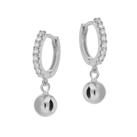 Kolczyki srebrne kółka z cyrkoniami i dmuchaną, gładką kulą próba 925