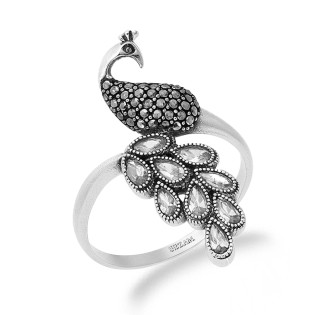 Pierścionek srebrny 925 paw z okydą i markazytami ogon cyrkonia biała