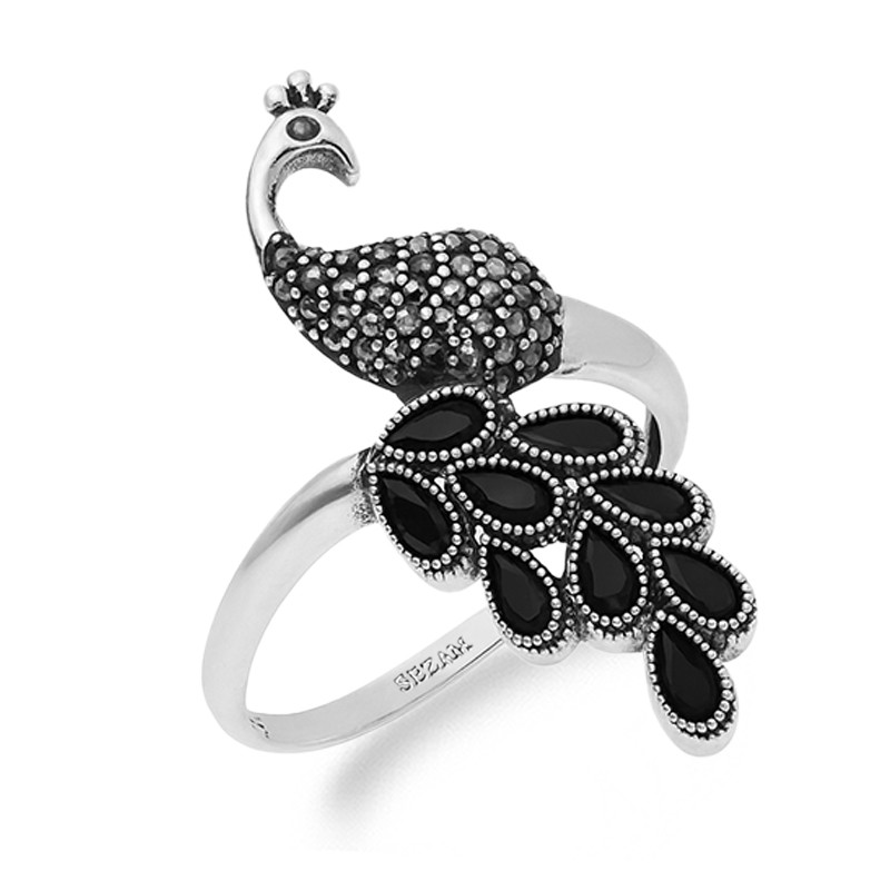 Pierścionek paw z markazytami i cyrkoniami czarnymi srebro 925