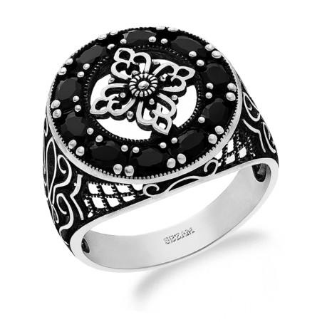 Pierścionek srebrny oksydowany z ornamentem i turmalinami jubilerskimi