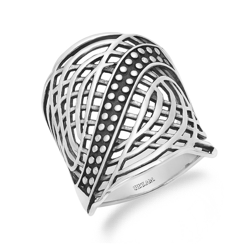 Pierścionek szeroki meandry fala srebro 925 z oksydą