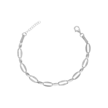 Bransoletka srebrna owalne ogniwa z cyrkonią i satyną próba 925
