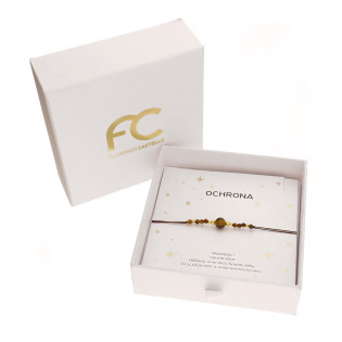 Bransoletka sznurkowa brązowa z tygrysim okiem – talizman ochrony i wewnętrznej siły, kulki srebro 925