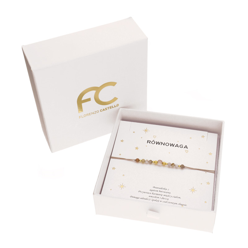 Bransoletka sznurkowa beżowa z fasetowanym agatem Botswana, kulki srebro 925