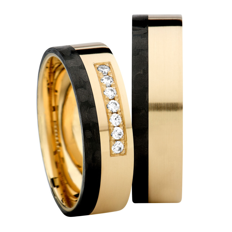 Obrączka z karbonu i złota 333 z cyrkoniami GC5-6-7-cyr