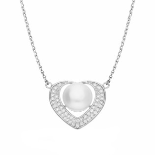 Naszyjnik srebrny z zawieszką w kształcie serca z cyrkoniami i naturalną perłą