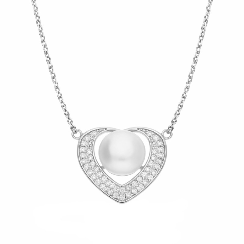 Naszyjnik srebrny z zawieszką w kształcie serca z cyrkoniami i naturalną perłą