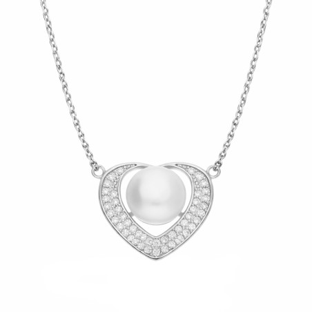 Naszyjnik srebrny z zawieszką w kształcie serca z cyrkoniami i naturalną perłą