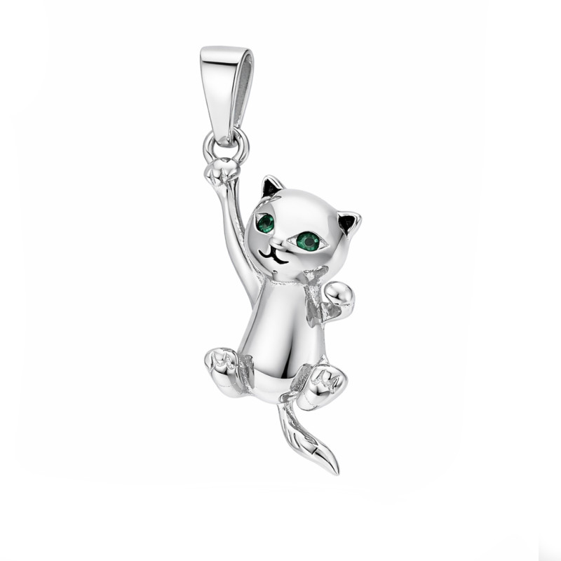 Wisiorek srebrny kot z zielonymi oczami z cyrkonii próba 925