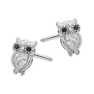 Kolczyki srebrne 925 w kształcie sowy z białą cyrkonią i czarnymi oczkami na sztyft