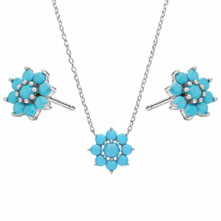Komplet srebrnej biżuterii z nano turkusami — naszyjnik i kolczyki w formie kwiatków próba 925