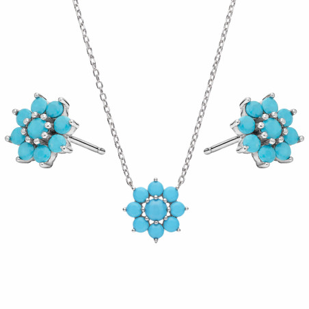 Komplet srebrnej biżuterii z nano turkusami — naszyjnik i kolczyki w formie kwiatków próba 925