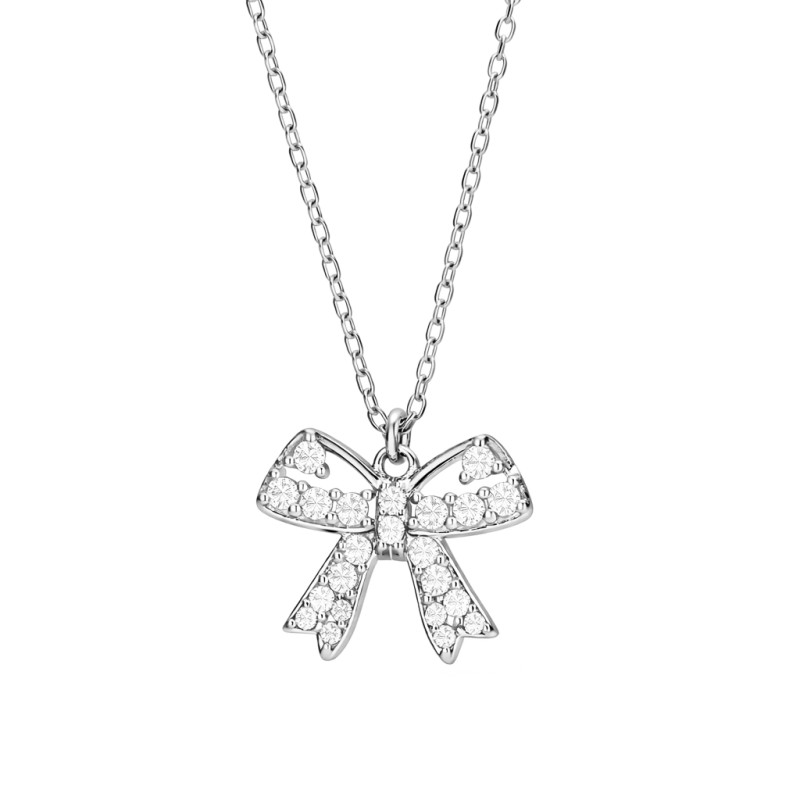 Komplet srebrnej biżuterii 925 z kokardkami wysadzanymi cyrkoniami — kolczyki i naszyjnik