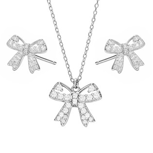 Komplet srebrnej biżuterii 925 z kokardkami wysadzanymi cyrkoniami — kolczyki i naszyjnik