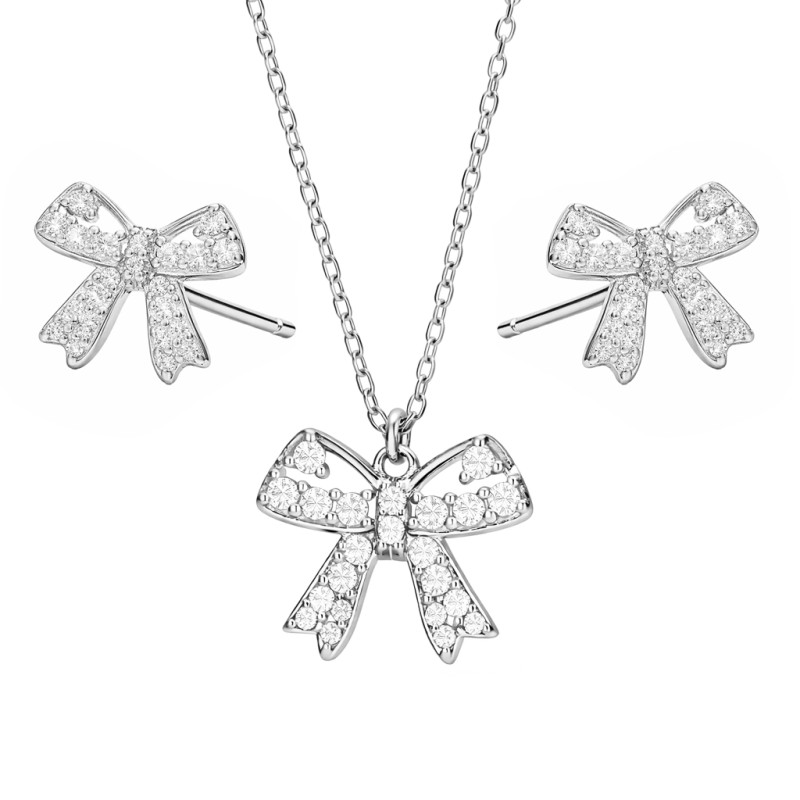 Komplet srebrnej biżuterii 925 z kokardkami wysadzanymi cyrkoniami — kolczyki i naszyjnik