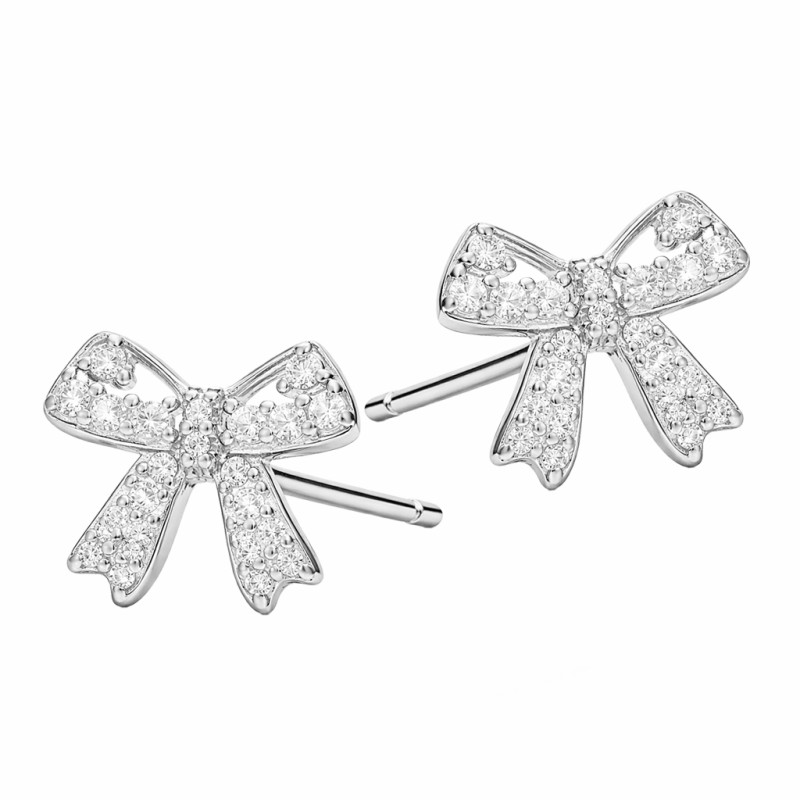 Komplet srebrnej biżuterii 925 z kokardkami wysadzanymi cyrkoniami — kolczyki i naszyjnik