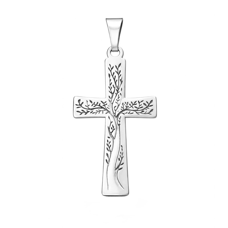 Krzyżyk srebrny ze żłobionym drzewem życia