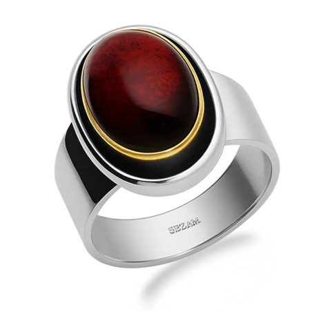 Pierścionek metaloplastyka z brassem i naturalnym rubinem