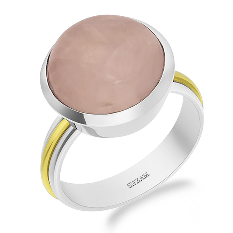 Pierścionek metaloplastyka z brassem i kwarcem różowym