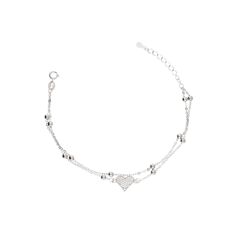 Bransoleta srebrna z sercem z cyrkonii i kulkami