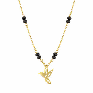 Naszyjnik srebrny koloru złotego z ażurowym kolibrem i kulkami faset