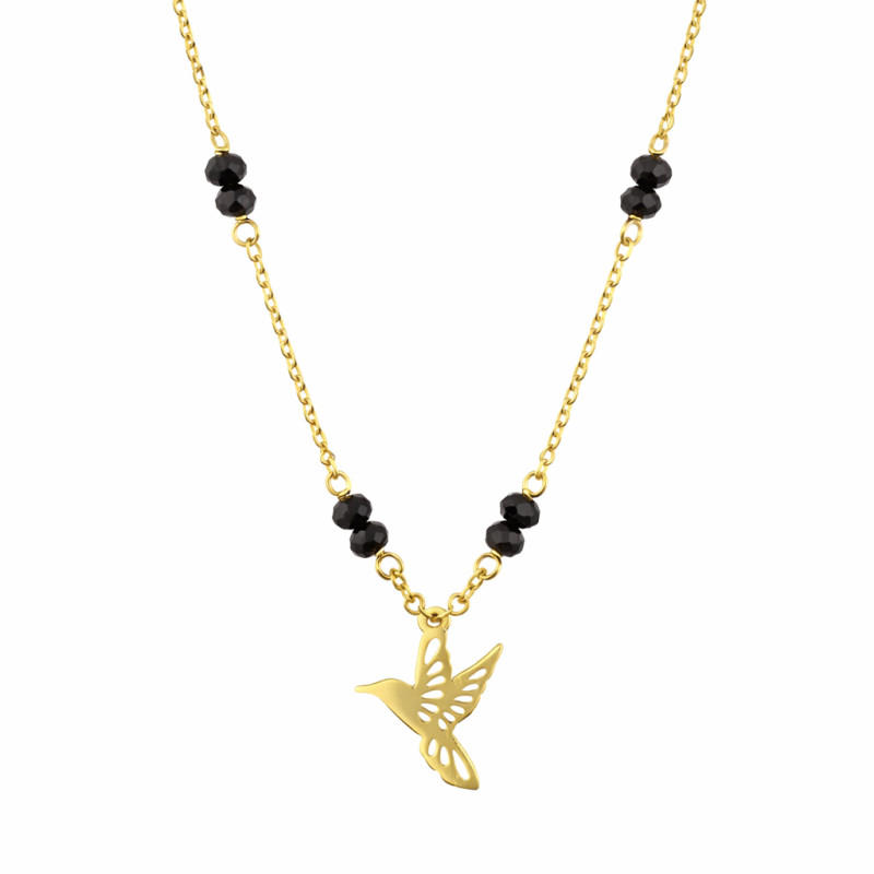 Naszyjnik srebrny koloru złotego z ażurowym kolibrem i kulkami faset