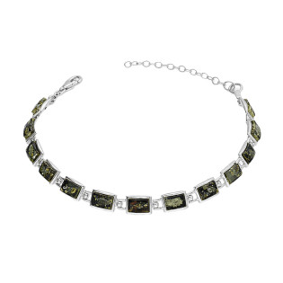 Bransoleta srebrna z kwadratowymi bursztynami zielonymi