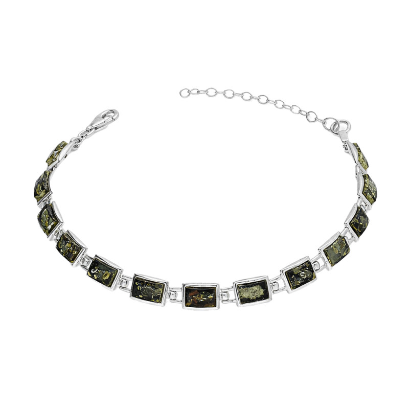 Bransoleta srebrna z kwadratowymi bursztynami zielonymi