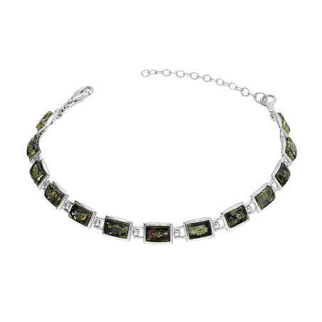 Bransoleta srebrna z kwadratowymi bursztynami zielonymi