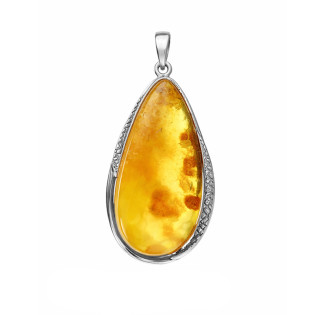 Zawieszka z bursztynem miodowo-mlecznym w srebrze z grawerem