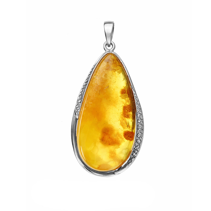 Zawieszka z bursztynem miodowo-mlecznym w srebrze z grawerem