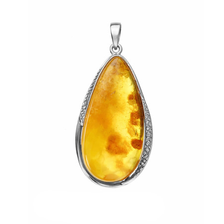Zawieszka z bursztynem miodowo-mlecznym w srebrze z grawerem