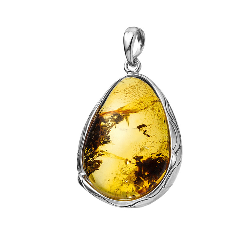 Zawieszka z bursztynem owalnym i inkluzjami w srebrze