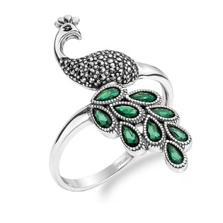 Pierścionek paw z markazymtami i cyrkoniami zielonymi srebro 925