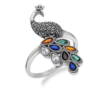 Pierścionek paw z markazytami i cyrkoniami kolorowymi srebro 925