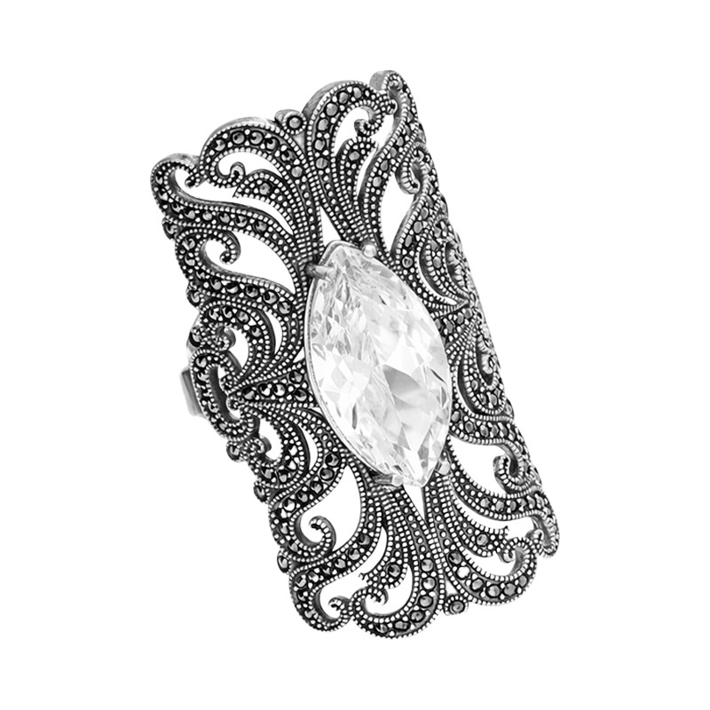 Pierścionek srebrny 925 blaszka z oksydą i markazytami